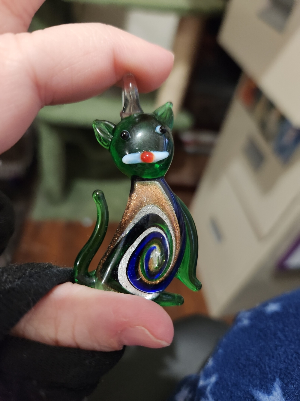 Handblown Green Glass Cat Figurine with Multicolor Swirl